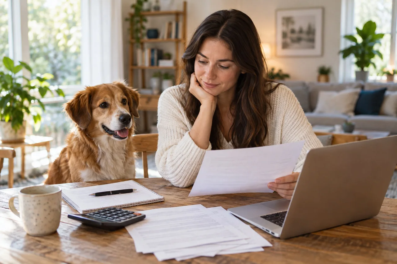 Owner considering paperwork beside a dog and an open laptop